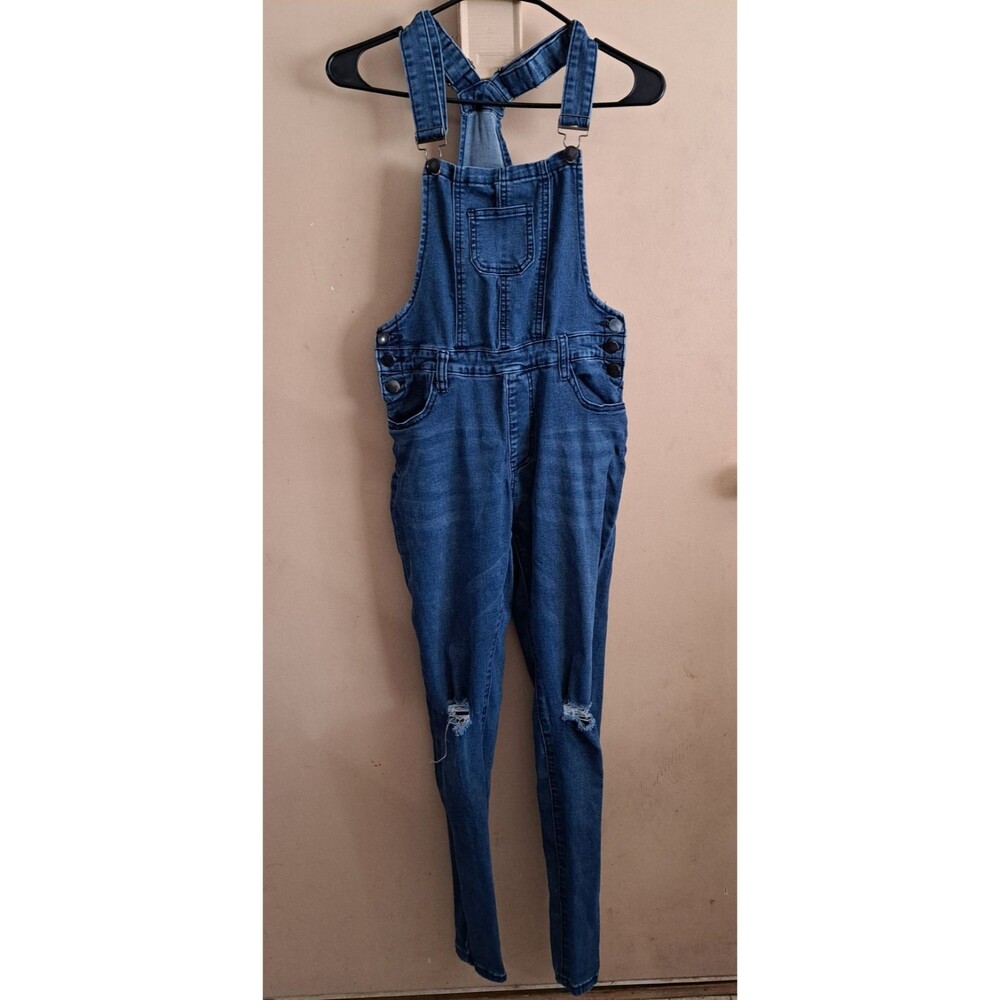 Fashion Nova Denim Overalls Women’s Size M Distressed Blue Jean Jumpsuit